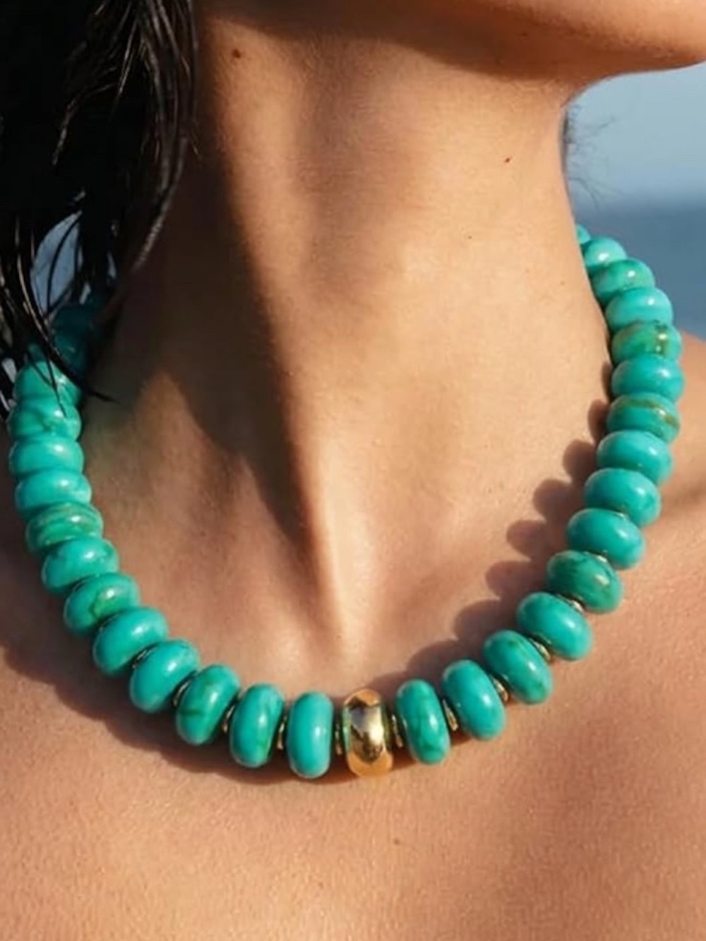 Turquoise Beaded Statement Necklace with Gold Accent